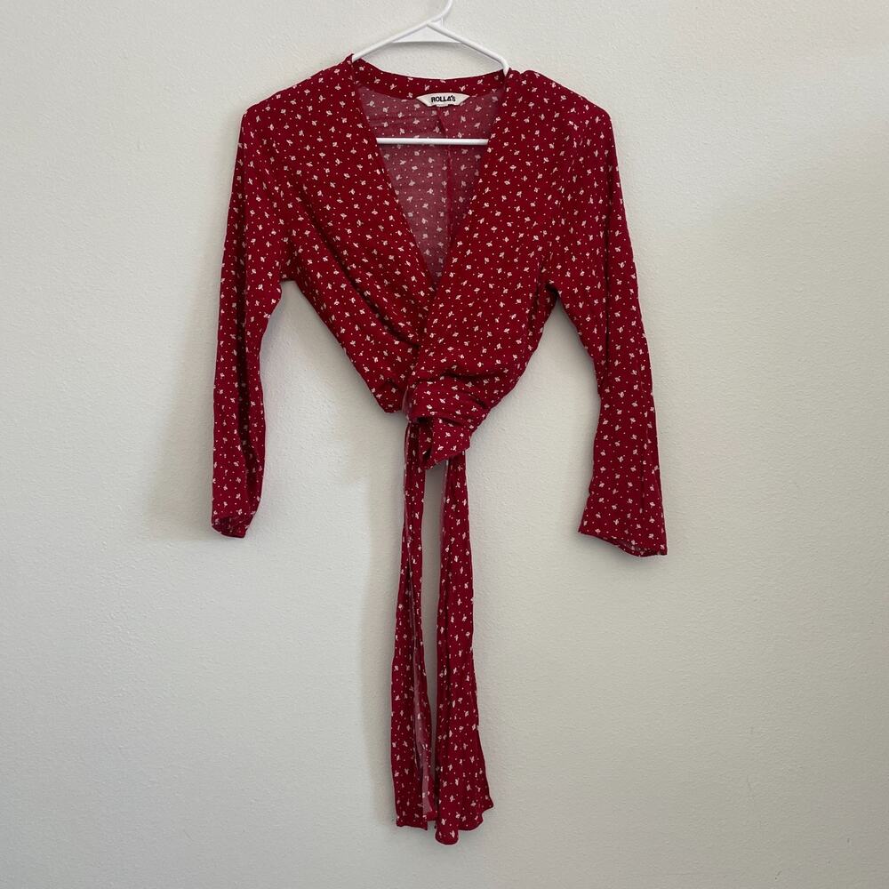 Rollas Top Women S‎ Red Floral Tie Wrap V Neck Cottagecore Casual Classic